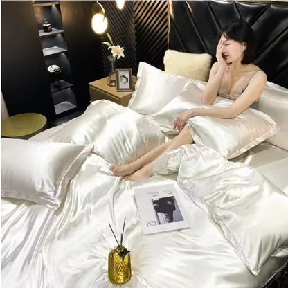 High-End Natural Mulberry Silk Bedding Set – Satin Duvet Cover with Sheets